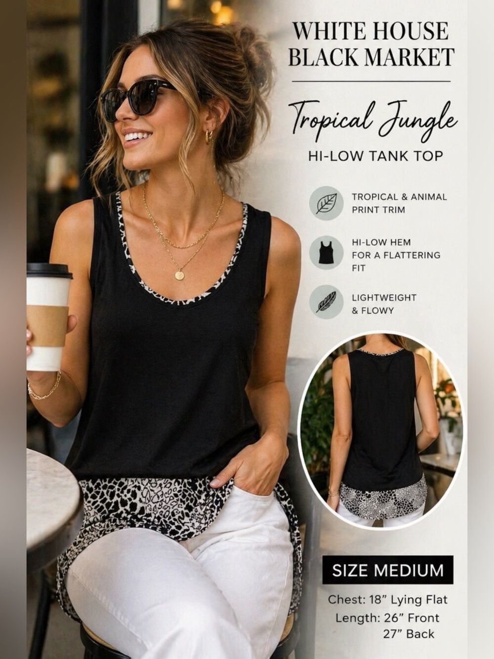 WHITE HOUSE BLACK MARKET HI LOW TROPICAL ANIMAL TRIM TANK TOP MEDIUM